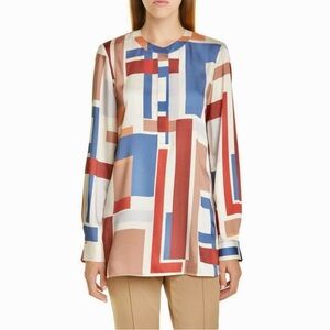 Lafayette 148 New York Prisha Print Blouse Block Geometric Long Sleeve Medium